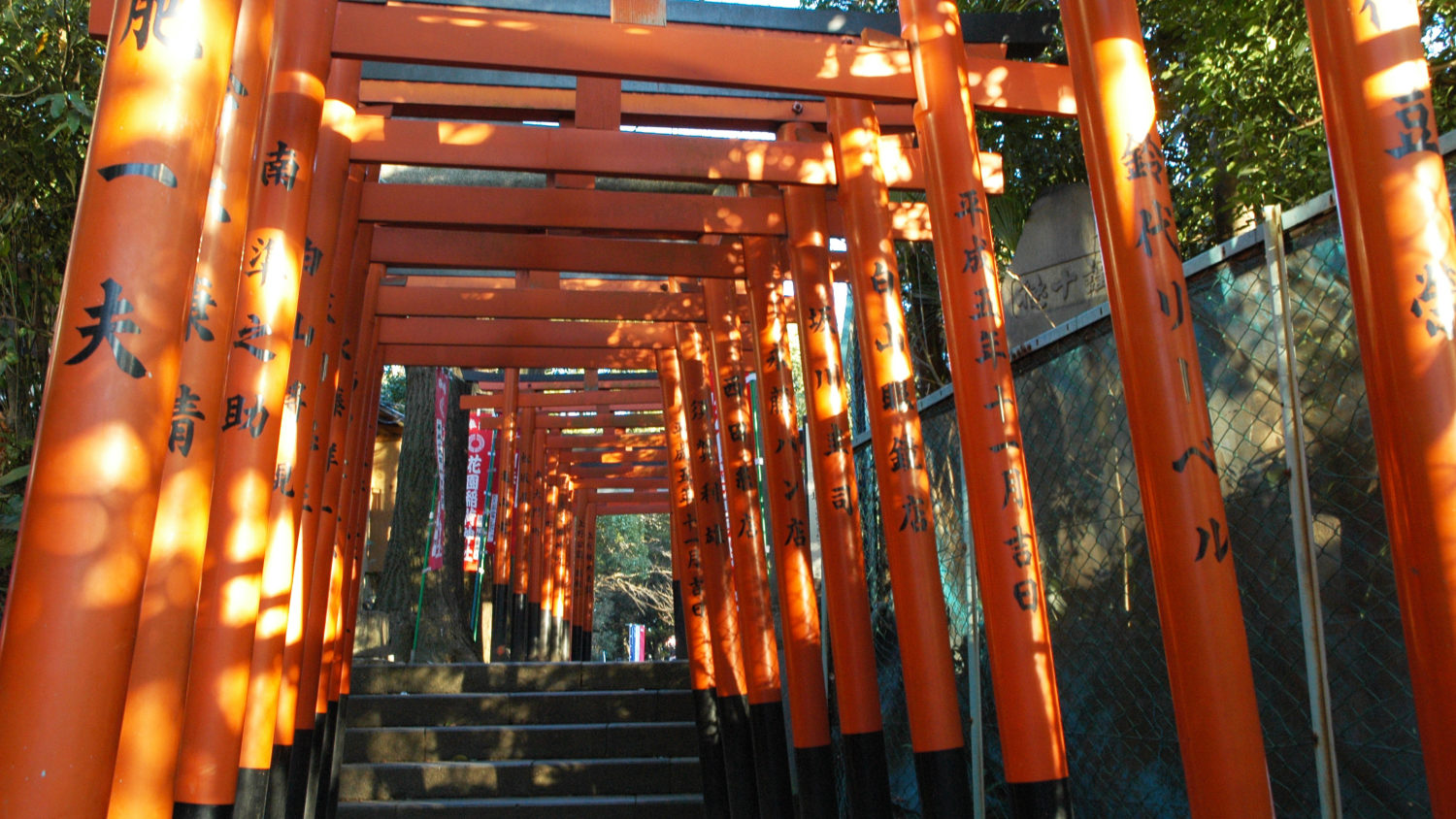 Japanese red tori gates lined up.